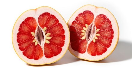 Two halves of a pomelo, vibrant red flesh, pale yellow rind, seeds visible