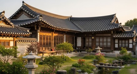 Fototapeta premium Traditional Korean house with tiled roof and garden