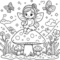 Cute fairy sitting on a mushroom in a magical garden