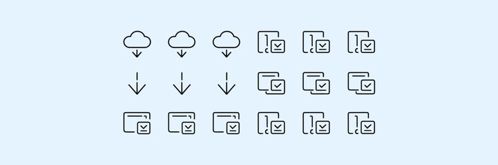 Minimalist download icon set with cloud, arrow, box, and computer arranged in grid on white background