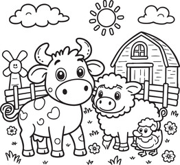 Farm animals cow sheep and duck with barn and windmill
