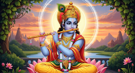 Lord krishna playing flute in a scenic landscape