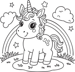 Cute unicorn standing in grass with rainbow and stars