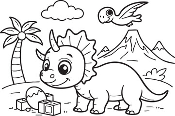 Triceratops dinosaur with palm tree and volcano prehistoric