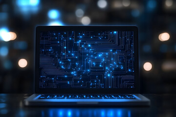 Laptop displays interconnected network of glowing nodes against blurred cityscape at night, symbolizing future technology and global communication.
