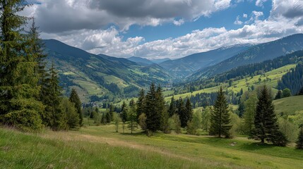 Fototapeta premium Mountain Valley Landscape With Lush Green Forest