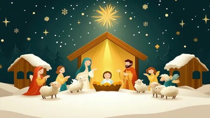 Nativity scene for Christmas celebration. Biblical story with holy family, wise women, wise man, sheep. Star of Bethlehem with falling snow. Religious tradition concept.