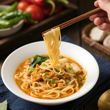 4k high quality Ai generative HD photo realistic menu sell restaurant food fresh Asian cuisine dish seafood kari spicy spices curry laksa chicken noodle ramen mie soup Malaysia chopstick Singapore