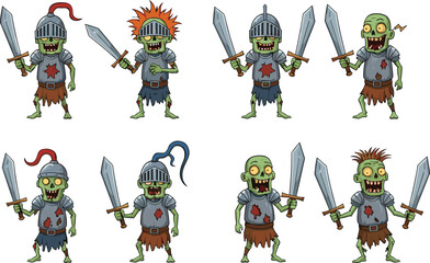 Cartoon zombie warriors with swords and helmets, green skin, tattered outfits, undead fighter character vector illustration set for horror and fantasy themes