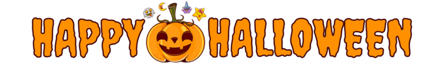 Happy Halloween banner and header with a cartoon pumpkin and decorative elements. The cartoon Happy Halloween text is a separate design element, isolated on a transparent background