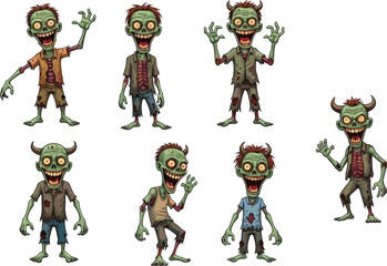 Cartoon zombies with green skin, tattered clothing, expressive faces and poses, undead character vector illustration set for Halloween and horror themes