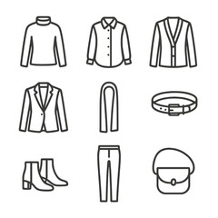 Minimalist Fashion Icons. Outline icon set of minimalist monochrome layering: black turtleneck, white blouse, grey cardigan, black