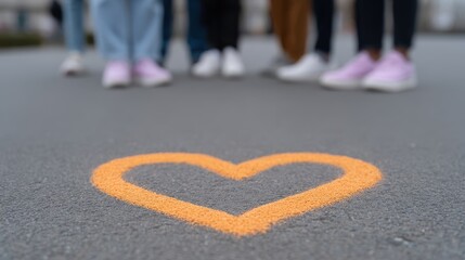 Group of friends gathered around a chalk heart on the pavement in a lively urban park during warm afternoon sunlight. National Bullying Prevention Month