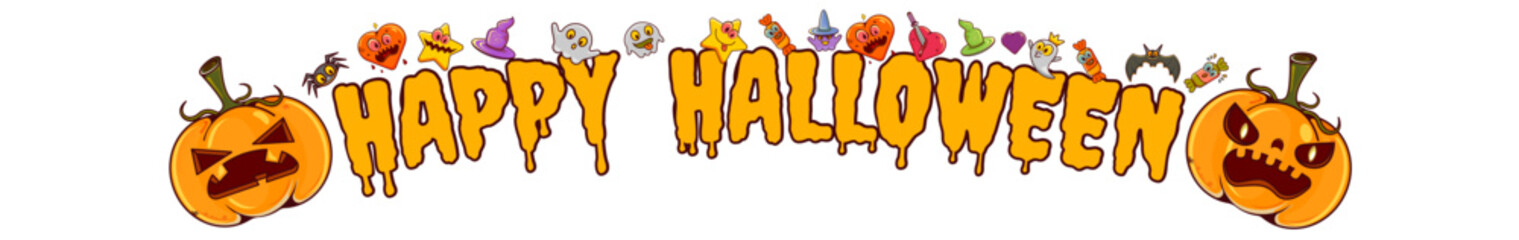 Cheerful Halloween banner and header with a funny cartoon pumpkin and festive design elements, featuring isolated Happy Halloween text on a transparent background