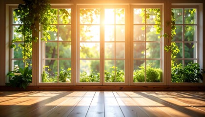 Sunlit room with large windows showing lush greenery