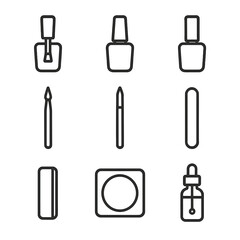 Nail Polish Icon Set. Outline icon set of nail polish collection with brush: nail polish bottle, base coat bottle, top coat bottle