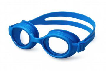 Blue swimming goggles resting on transparent surface, highlighting ergonomic design and lightweight construction for aquatic performance