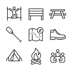 Fototapeta premium Outdoor Activity Icons. Outline icon set of outdoor team-building exercises: rope course hurdle, obstacle barrier, picnic table,