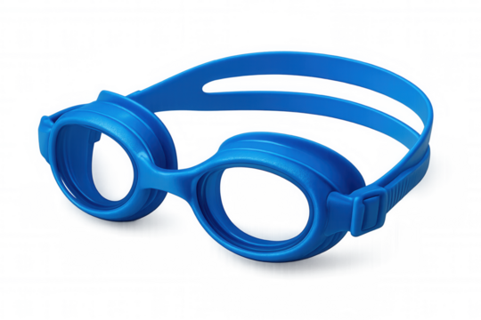 Blue swimming goggles resting on transparent surface, highlighting ergonomic design and lightweight construction for aquatic performance