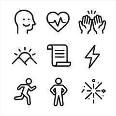 Positive Mindset Icons. Outline icon set of positive mindset and motivation: smiling face silhouette, heart pulse, motivational