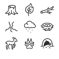 Fototapeta premium Post-Fire Nature Icons. Outline icon set of post-fire vegetation and wildlife impacts: charred tree stump, burnt leaf, fallen