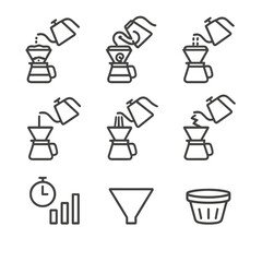 Pour-Over Icon Set. Outline icon set of pour-over techniques: bloom pour, spiral pour, pulse pour, continuous stream, waterfall