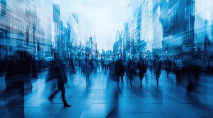 Blurred city street scene of a large crowd