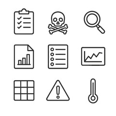 Risk Assessment Icons. Outline icon set of risk assessment and monitoring tools: safety checklist, hazard symbol, magnifying glass