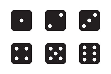 Game dice Icon with side of cube from one to six number. Set of black icon sided for gamble. Dot on cube of casino
