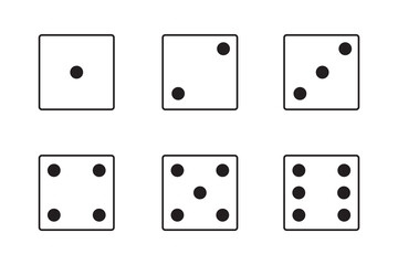 Dice icon set with all six faces in black color in outline style. Ludo game dice symbols in outline style. Set of six sides of a dice icon in black color isolated on a white background