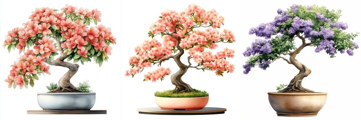 Naklejka premium Three potted bonsai trees with pink and purple blossoms white background