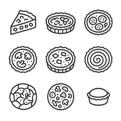 Savory Quiche Icons. Outline icon set of savory quiche and tart variations: quiche Lorraine slice, spinach and feta tart, tomato