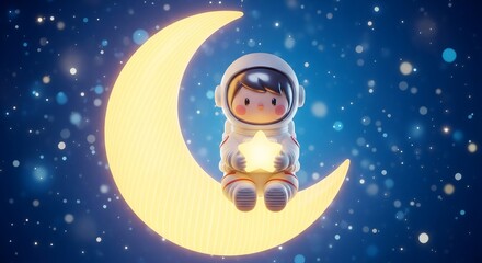 Cute Cartoon Astronaut Sitting on Glowing Crescent Moon Holding Star in Fantasy Night Sky with Sparkling Stars — Adorable Space Illustration for Kids, Dream, Imagination and Cosmic Adventure Concept