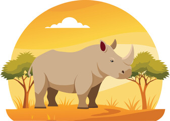 Vector illustration of a rhino standing in a vast savannah landscape under a clear blue sky.