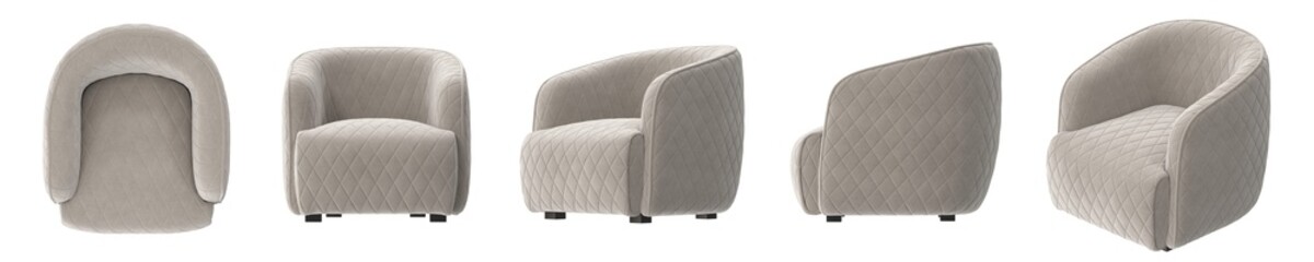 Obraz premium 3D Render of a Modern Quilted Armchair in a Neutral Tone, Multi-Angle View