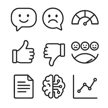 Sentiment Analysis Icons. Outline icon set of sentiment analysis: speech bubble with smile, speech bubble with frown, sentiment
