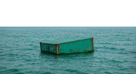 Shipping Container Lost at Sea: An isolated, weathered shipping container floats adrift on the open sea, a visual metaphor for industrial waste and the impact of transportation on marine ecosystem