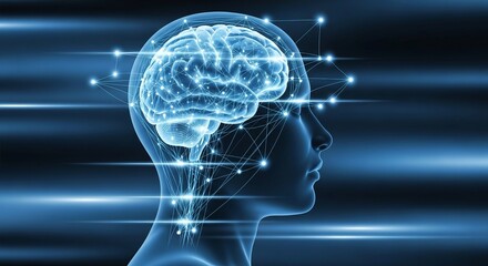 Human brain with glowing connections and data