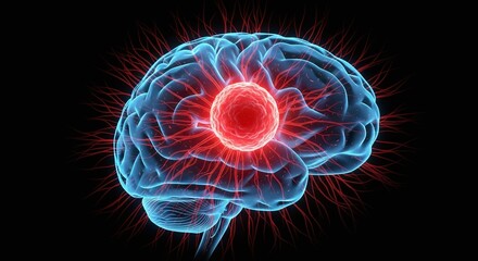 Brain with glowing red tumor and radiating energy