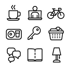 Student Life Icons. Outline icon set of daily student routines: morning coffee, laptop study, bicycle commute, cafeteria tray,