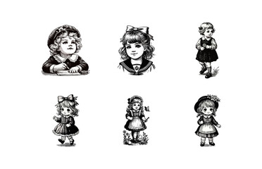 Vintage Engraving of Children: Classic Black and White Illustrations of Young Girls