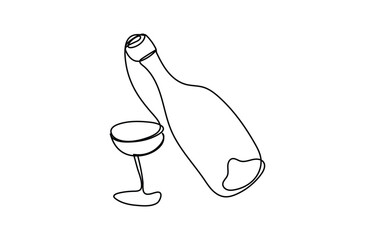 Continuous one line drawing of two glasses of red wine. Minimalist linear concept of celebrate and cheering wine bottle and glass icon vector.