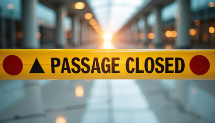 Yellow caution tape saying passage closed in indoor hallway  