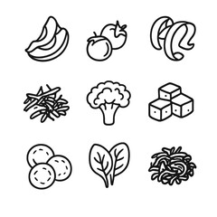 Vegetable Topping Icons. Outline icon set of vegetable toppings: avocado slices, cherry tomatoes, cucumber ribbons, shredded