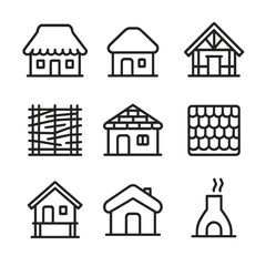 Fototapeta premium Vernacular Architecture Icons. Outline icon set of Vernacular architecture: thatched roof cottage, adobe hut, timber frame house,