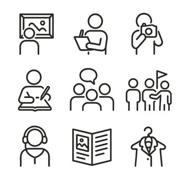 Visitor Interaction Icons. Outline icon set of visitor interactions: observing art, taking notes, photographing, sketching, group