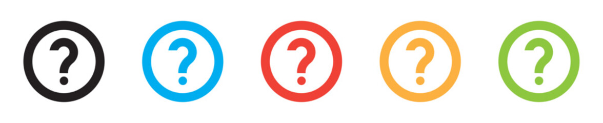 Question mark circle colorful icon set. Ask, question, quiz, issue, matter symbol. Vector illustration. Editable stroke. Flat design. Icons for infographic, apps, business.