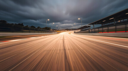 Obraz premium racetrack at night with dramatic motion blur creating light streaks, surrounded by floodlights, grandstands, and a dark cloudy sky, capturing the thrill and speed of high-performance racing.