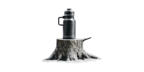Thermos Flask Tree Stump. Symbolizing Outdoor Adventure And Sustainability Isolated On Transparent Background