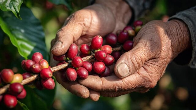 Harvest Hands: An artisan farmer's weathered hands cradle a vibrant cluster of ripe coffee cherries, showcasing the origin and the love in the process of this rich crop.